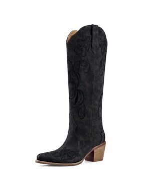 Women's Black Knee High Cowgirl Western Boots Pointed Toe Chunky Block Heel